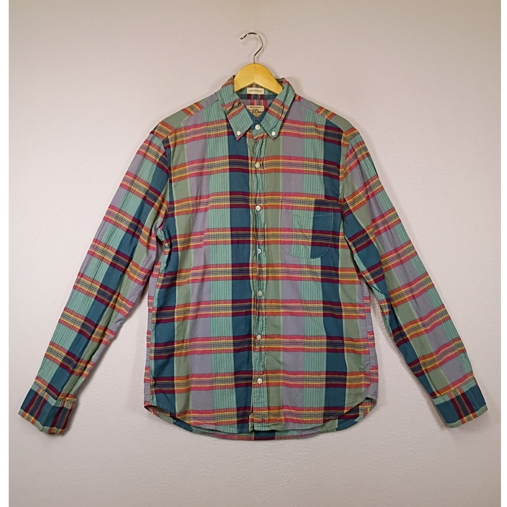 Preppy J.Crew Mens Medium Multi Madras Plaid Slim Untucked Button Down Shirt
